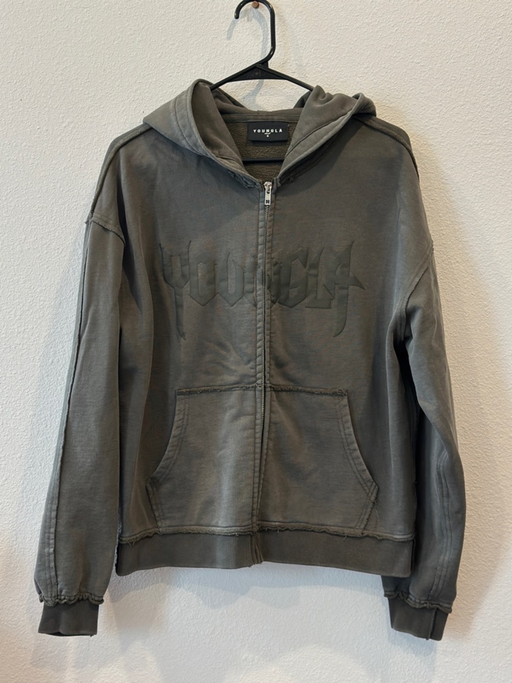 YoungLA Dark Green Zip-Up Hoodie with Embossed Logo